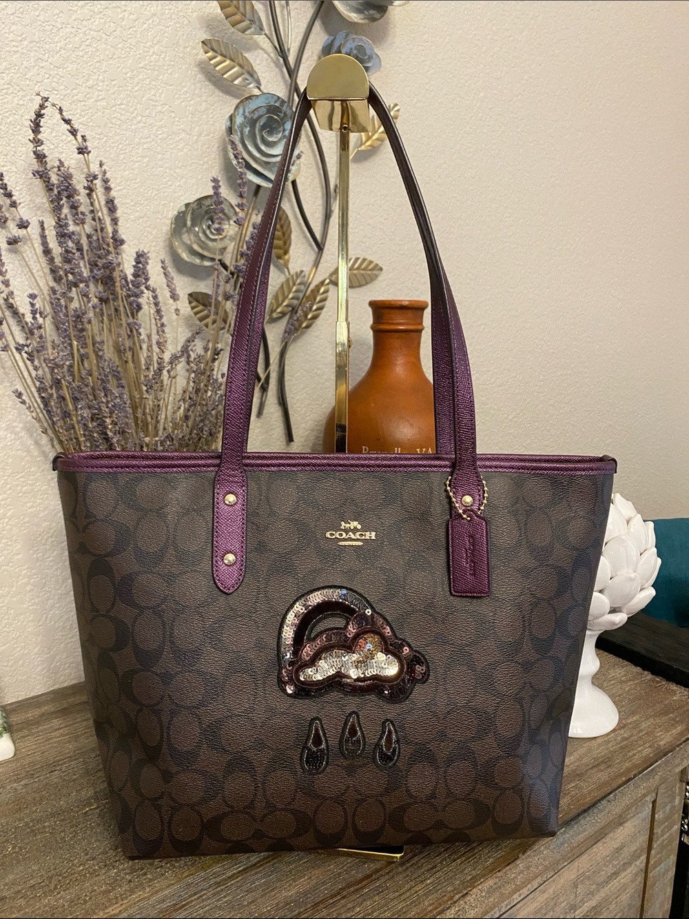 EUC Coach Brown Signature Tote with Plum Trim and Sequin Cloud